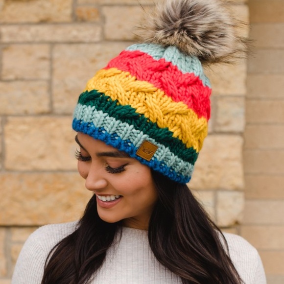 SOLD OUT Rainbow Cable Knit Fleece Lined Faux Fur Pompom Beanie Women's Hat - Picture 3 of 4